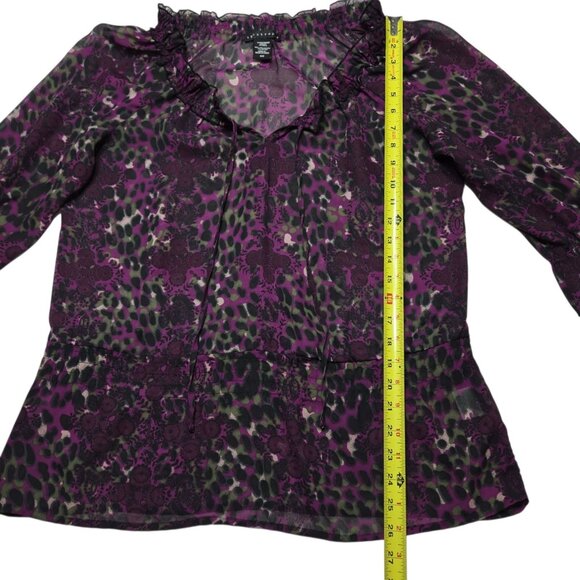 Apostrophe Top Women Medium Purple Leopard Floral Sheer Bell Sleeve Boho Peasant - Picture 4 of 12